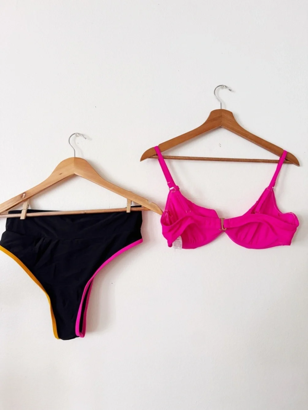 Hot Pink Bikini Top with Black High-Waist Bottom large